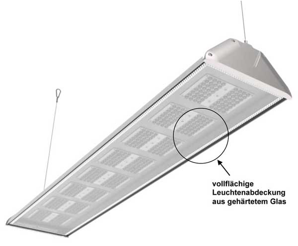 LEDAXO LED-Hallenleuchte HL-06 - Die vollflächige Leuchtenabdeckung besteht aus gehärtetem Glas